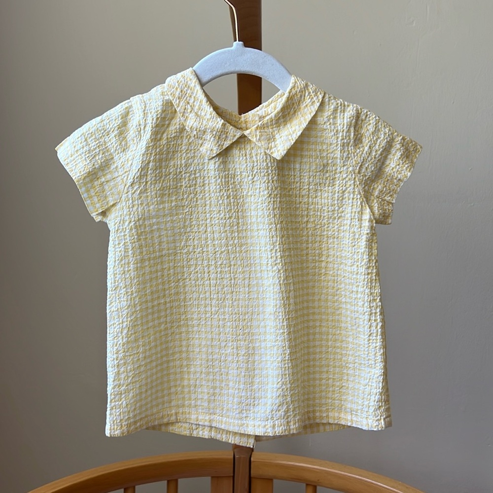 Amaia yellow and white shirt with buttons down the back, size 12m